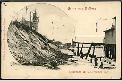 Tyskland, Kolberg, Gruss aus med ødelæggelser efter stormflod d. 5.12.1899. Anvendt i Danmark 1919.