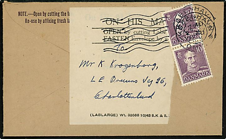 10 øre Chr. X i parstykke på britisk tjenestekuvert med adresse label On His Majesty's Service stemplet København d. 2.7.1946 til Charlottenlund.