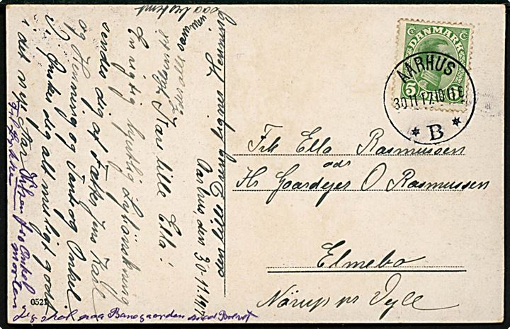 5 øre Chr. X på brevkort annulleret med brotype IIIb Aarhus ØB* d. 30.11.1917 til Elmebo pr. Vejle. 