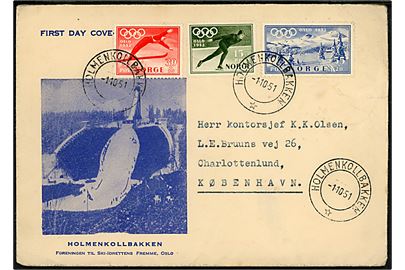 Komplet sæt Oslo Vinter OL 1952 udg. på illustreret FDC annulleret Holmenkollbakken d. 1.10.1951 til Charlottenlund, Danmark.