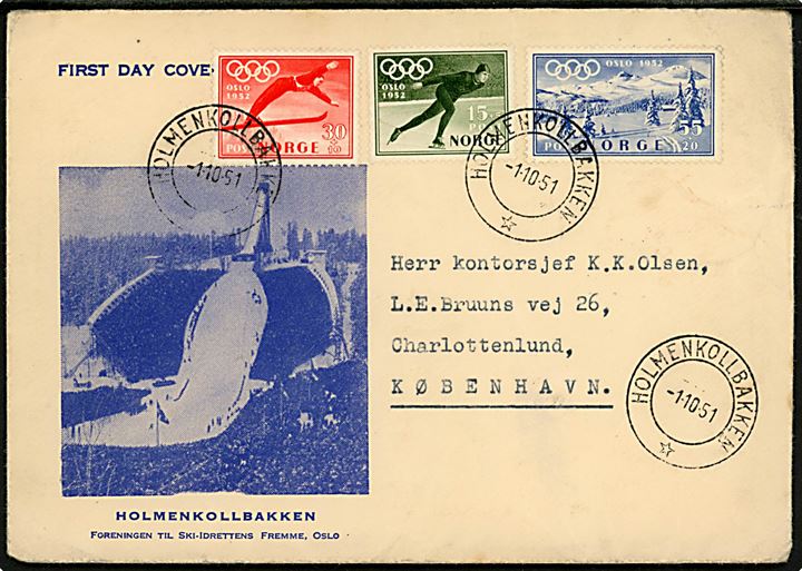 Komplet sæt Oslo Vinter OL 1952 udg. på illustreret FDC annulleret Holmenkollbakken d. 1.10.1951 til Charlottenlund, Danmark.