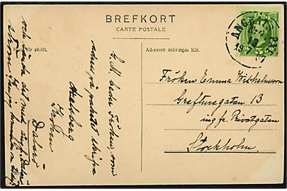 5 öre Oscar II på brevkort annulleret med dampskibsstempel Ångbåts PXP No. 64 (?) d. 13.7.1907 til Stockholm. Sendt fra Dalarö og sendt med dampskibet Dalaröström.