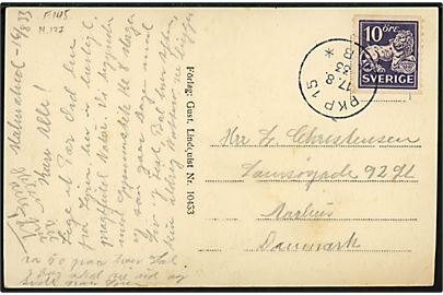 10 öre Løve på brevkort (Malmköping, Sjövik) annulleret med bureaustempel PKP 15 *B* (= Stockholm - Laxå) d. 17.8.1933 til Aarhus, Danmark.