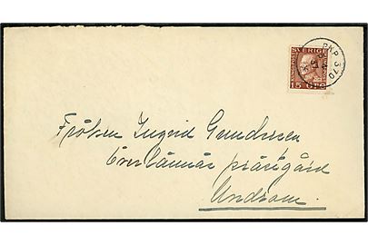 15 öre Gustaf på brev fra Östertälje annulleret med bureaustempel PKP 370 (= Stockholm - Norrköping) d. 3.4.1937 til Undrom. 