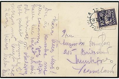10 öre Løve på brevkort fra Luleå annulleret med bureaustempel FKMB Boden - Luleå II d. 29.12.1931  til Munkfors.