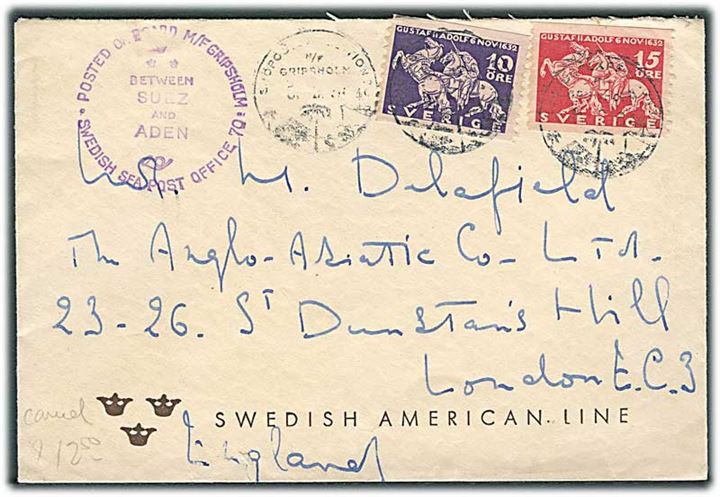 10 öre og 15 öre Gustaf II på fortrykt kuvert rederikuvert annulleret med svagt skibsstempel Sjöpostexpedition 70 M/F Gripsholm 1936 til London. Sendt mellem Suez og Aden.