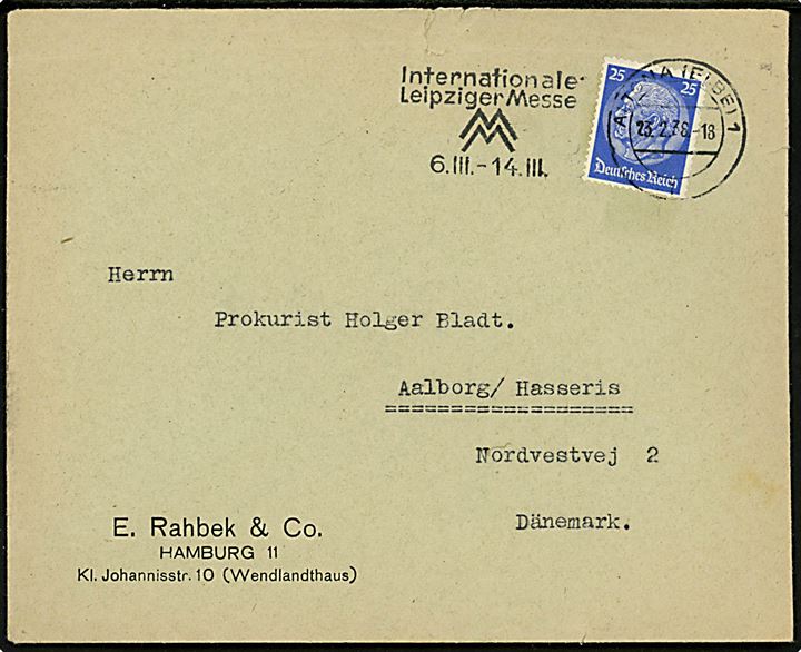 Tysk 25 pfg. Hindenburg på brev fra Altona d. 23.2.1938 til Aalborg, Danmark. På bagsiden transitstemplet med norsk sejlende bureaustempel KRISTIANSAND - HIRTSHALS A d. 24.2.1938. 