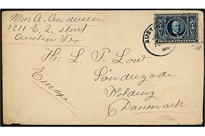 5 cents McKinley single på brev fra Austin Texas d. 5.6.1904 til Kolding, Danmark.