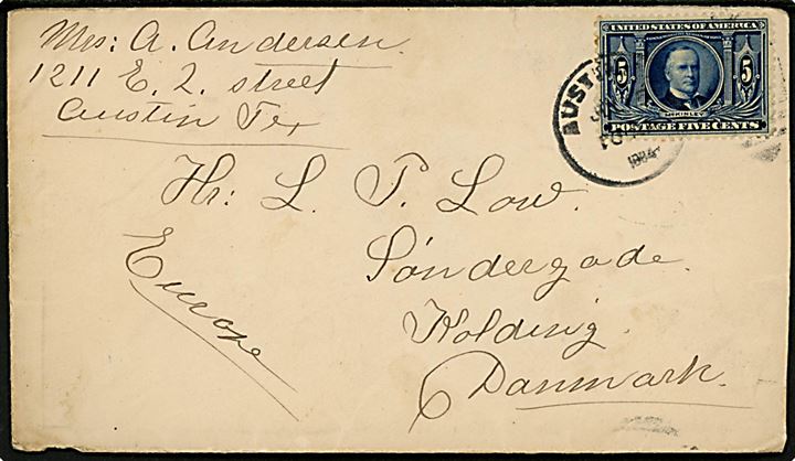 5 cents McKinley single på brev fra Austin Texas d. 5.6.1904 til Kolding, Danmark.