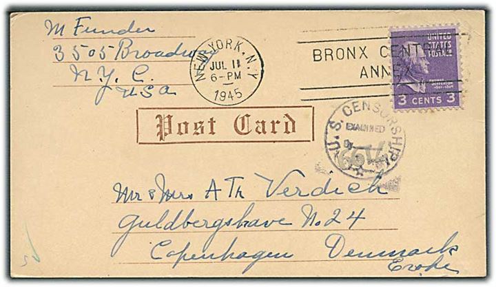 3 cents Jefferson på brevkort fra New York d. 11.7.1945 til København, Danmark. Amerikansk censur.