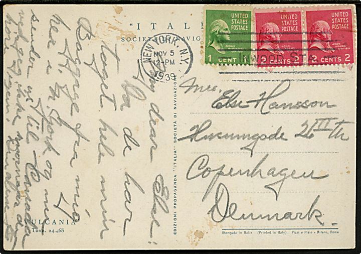 1 cent Washington og 2 cents Adams i par på brevkort (Italiensk passagerskib M/S Vulcania) fra New York d. 5.11.1939 til København, Danmark. 