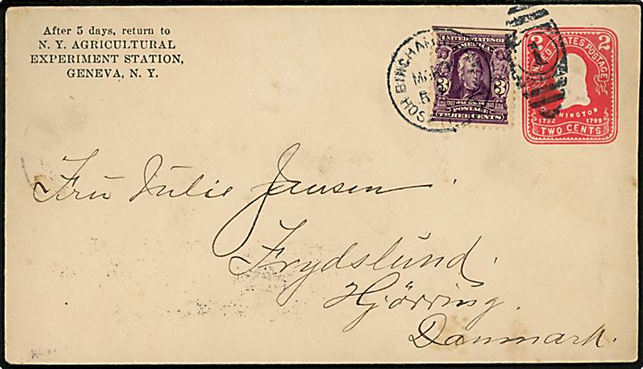 2 cents helsagskuvert opfrankeret med 3 cents fra N. Y. Agricultural Experiment Station Geneva annulleret Binghamton Hospital d. 31.3.1905 til Frydslund pr. Hjørring, Danmark.