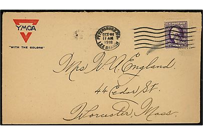 3 cents Washington på YMCA kuvert annulleret med militært postkontor Petersburg, VA. Lee Branch d. 11.10.1918 til Worchester, Mass. 