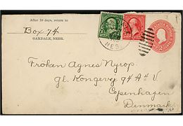 2 cents helsagskuvert opfrankeret med 1 cent og 2 cent fra Oakdale Nebr. d. 26.1.1903 til København, Danmark.