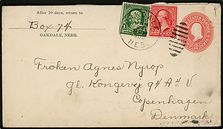 2 cents helsagskuvert opfrankeret med 1 cent og 2 cent fra Oakdale Nebr. d. 26.1.1903 til København, Danmark.