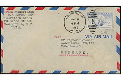 15 cents UPU på luftpostbrev fra sømand ombord på M/S Marna Dan i Brooklyn, N.Y. d. 6.11.1949 til København, Danmark.