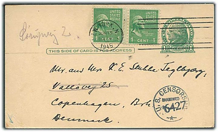 1 cent helsagsbrevkort opfrankeret med 1 cent (2) fra New York d. 13.6.1945 til København, Danmark. Amerikansk censur.