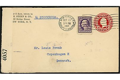 2 cents helsagskuvert med 3 cents Washington påskrevet S/S Stockholm fra New York d. 13.10.1916 til København, Danmark. Åbnet af britisk censur no. 4057.