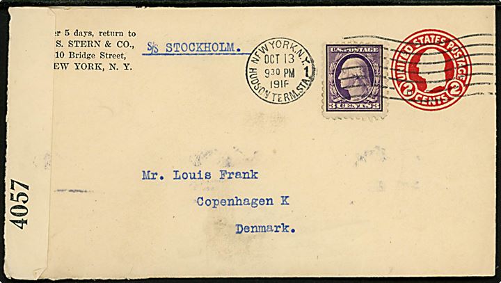 2 cents helsagskuvert med 3 cents Washington påskrevet S/S Stockholm fra New York d. 13.10.1916 til København, Danmark. Åbnet af britisk censur no. 4057.