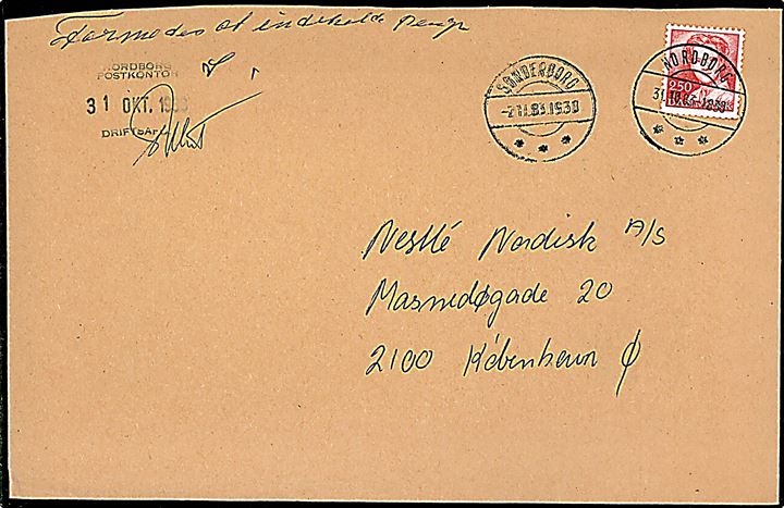 2,50 kr. Margrethe på brev fra Nordborg d. 31.10.1983 via Sønderborg d. 2.11.1983 til København. Påskrevet: Formodes at indeholde penge med trodat stempel Nordborg Postkontor d. 31.10.1983. 