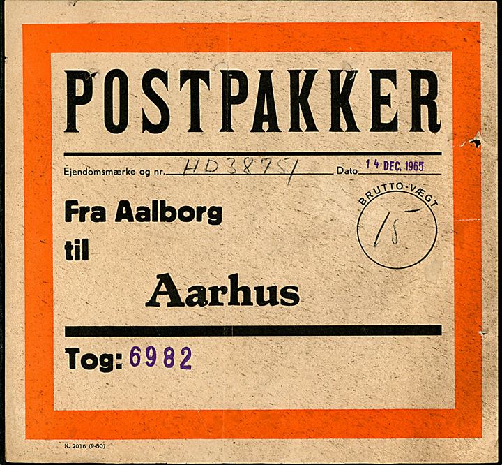 Postpakker - dirigeringsseddel N.2016 (9-50) - fra Aalborg til Aarhus med Tog 6982 d. 14.12.1965. 