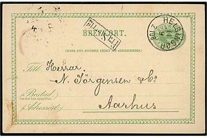 5 öre Tre Kroner helsagsbrevkort fra Helsingborg annulleret med dansk lapidar Helsingør 2 Tog d. 11.9.1885 og sidestemplet Fra Sverrig til Aarhus. 