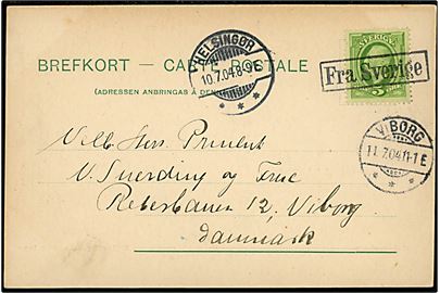 5 öre Oscar II på brevkort (Helsingborg - Häsning från Sundet) annulleret med skibsstempel Fra Sverige og sidestemplet Helsingør d. 10.7.1904 til Viborg, Danmark.