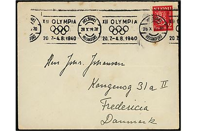 2 mk. Løve på brev annulleret med TMS XII OLYMPIA 20.7.-4.8.1940 / Helsinki d. 28.10.1940 til Fredericia, Danmark.