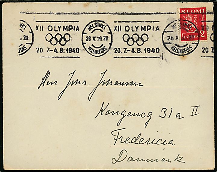 2 mk. Løve på brev annulleret med TMS XII OLYMPIA 20.7.-4.8.1940 / Helsinki d. 28.10.1940 til Fredericia, Danmark.