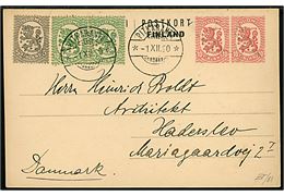 10 pen. + 10 pen. provisorisk helsagsbrevkort opfrankeret med 5 pen. og 10 pen. (par) Løve annulleret med kryds og Pitkäranta d. 1.12.1920 til Haderslev, Danmark.
