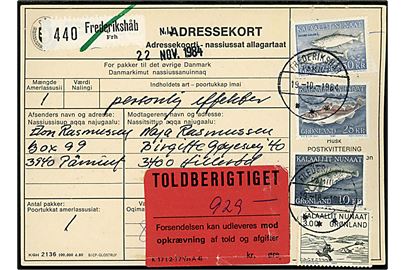 3 kr. Træsnit, 10 kr. Havkat, 25 kr. Torsk og 50 kr. Skællaks på 88 kr. frankeret adressekort for pakke fra Frederikshåb d. 19.10.1984 til Hillerød, Danmark. 
