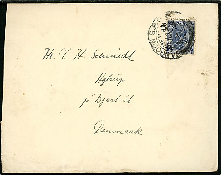 Indisk 3 As. 6 Pies George V anvendt på brev fra sømand ombord på ØK-skibet M/S Siam i Burma og annulleret Rangoon G.P.O. d. 7.7.1936 til Bjert St., Danmark