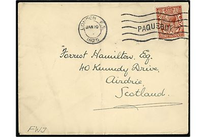 1½d George V på rederikuvert fra Union-Castle Line annulleret med skibsstempel London F.S. / Paquebot d. 19.1.1925 til Airdrie, Scotland.