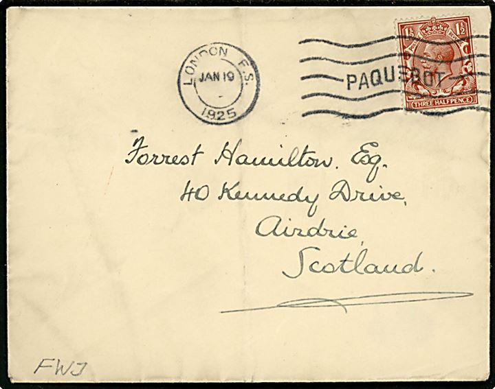 1½d George V på rederikuvert fra Union-Castle Line annulleret med skibsstempel London F.S. / Paquebot d. 19.1.1925 til Airdrie, Scotland.