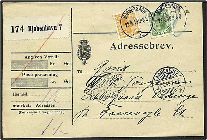 5 øre og 35 øre Chr. X på adressebrev fra København d. 23.4.1919 til Vedinge på Faarevejle.