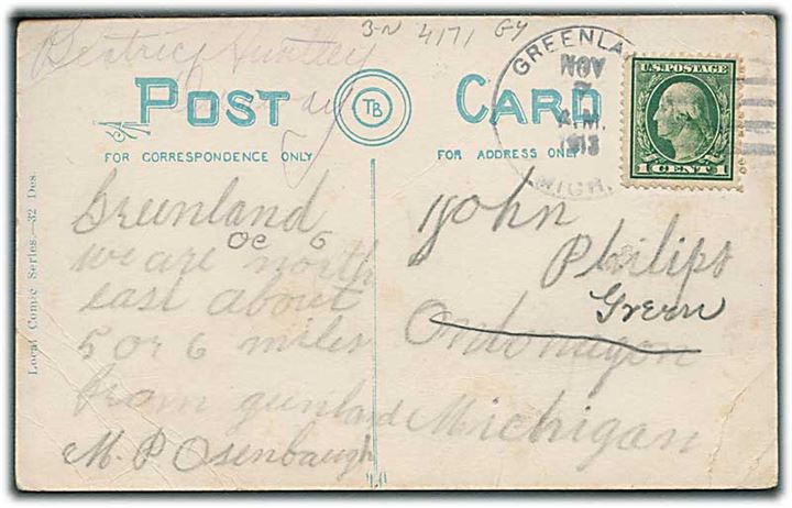 1 cent Washington på brevkort stemplet Greenland Mich. d. 7.11.1913.