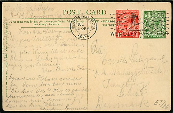 ½d og 1d George V på brevkort (Worshippers at Pagan, Burma) annulleret med særstempel Empire Exhibition / Wembley Park 1924 d. 11.7.1924 til Tranebjerg Samsø, Danmark.