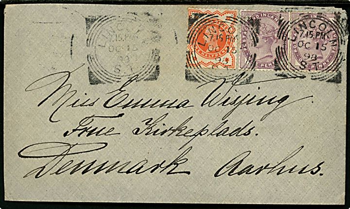 ½d og 1d (par) Victoria på brev fra Lincoln d. 15.10.1898 til Aarhus, Danmark.