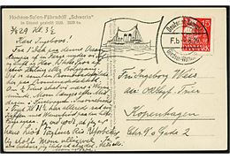 15 øre Karavel på brevkort (Tyske færge Schwerin) annulleret med tysk skibsstempel Deutsche Seepost Gjedser - Warnemünde F.b d. 4.8.1929 til København, Danmark.
