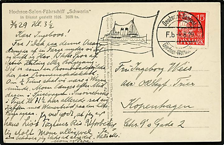 15 øre Karavel på brevkort (Tyske færge Schwerin) annulleret med tysk skibsstempel Deutsche Seepost Gjedser - Warnemünde F.b d. 4.8.1929 til København, Danmark.