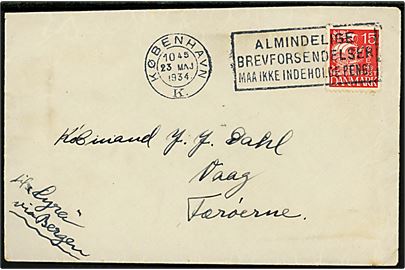 15 øre Karavel på brev, påskrevet pr. Lyra via Bergen, fra København d. 23.5.1934 til Vaag på Færøerne.