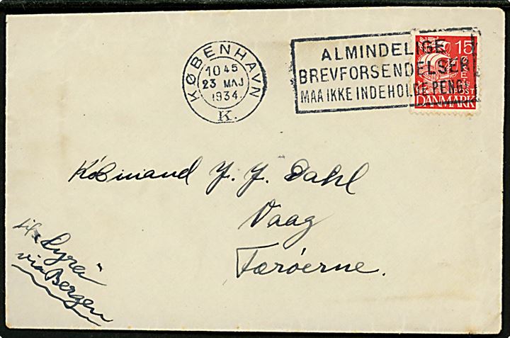 15 øre Karavel på brev, påskrevet pr. Lyra via Bergen, fra København d. 23.5.1934 til Vaag på Færøerne.