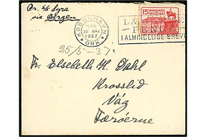 15 øre Regentjubilæum på brev, påskrevet Pr. S/S Lyra via Bergen, fra København d. 26.5.1937 til Vaag på Færøerne. 