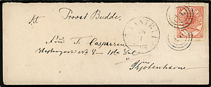 4 sk. Krone/Scepter på brev annulleret med nr.stempel 94 og sidestemplet antiqua Taastrup d. 26.1.1866 til København.