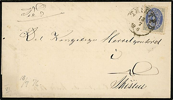 4 øre Tofarvet på lokalbrev annulleret med antiqua Thisted d. 18.7.1876.