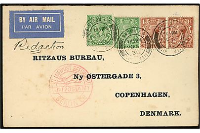 ½d (2) og 1½d (2) George V på 4d frankeret luftpostbrev stemplet London Air Mail d. 20.9.1930 via Berlin C2 til Ritzau's Bureau i København, Danmark.