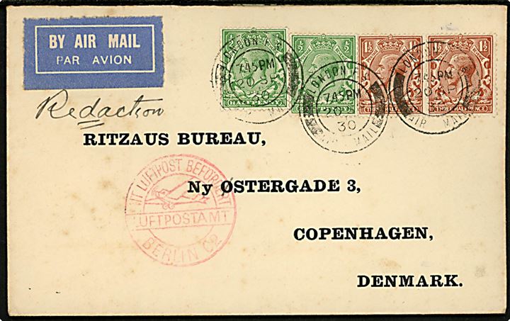 ½d (2) og 1½d (2) George V på 4d frankeret luftpostbrev stemplet London Air Mail d. 20.9.1930 via Berlin C2 til Ritzau's Bureau i København, Danmark.