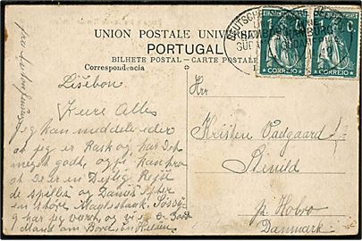 1 c. (2) på brevkort (Lisboa, Prace e Jardim do Rio de janeiro) dateret i Lissabon og annulleret med tysk skibsstempel Deutsche Seepost Linie Hamburg - Südamerika d. 2.11.1911 til Hobro, Danmark.