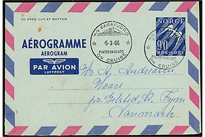 90 øre helsags aerogram annulleret med skibsstempel M/S Sagafjord posted on board on cruise d. 5.3.1966 til Gelsted, Danmark. Iflg. indhold sendt fra Philippinerne. 
