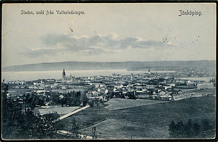 Ufrankeret krigsfangepost brevkort (Jönköping set Vattenledningen) stemplet Karlskrona d. 7.10.1916 til interneret fransk eller belgisk soldat i interneringslejr i Hoohalen i Holland. Rift i toppen.